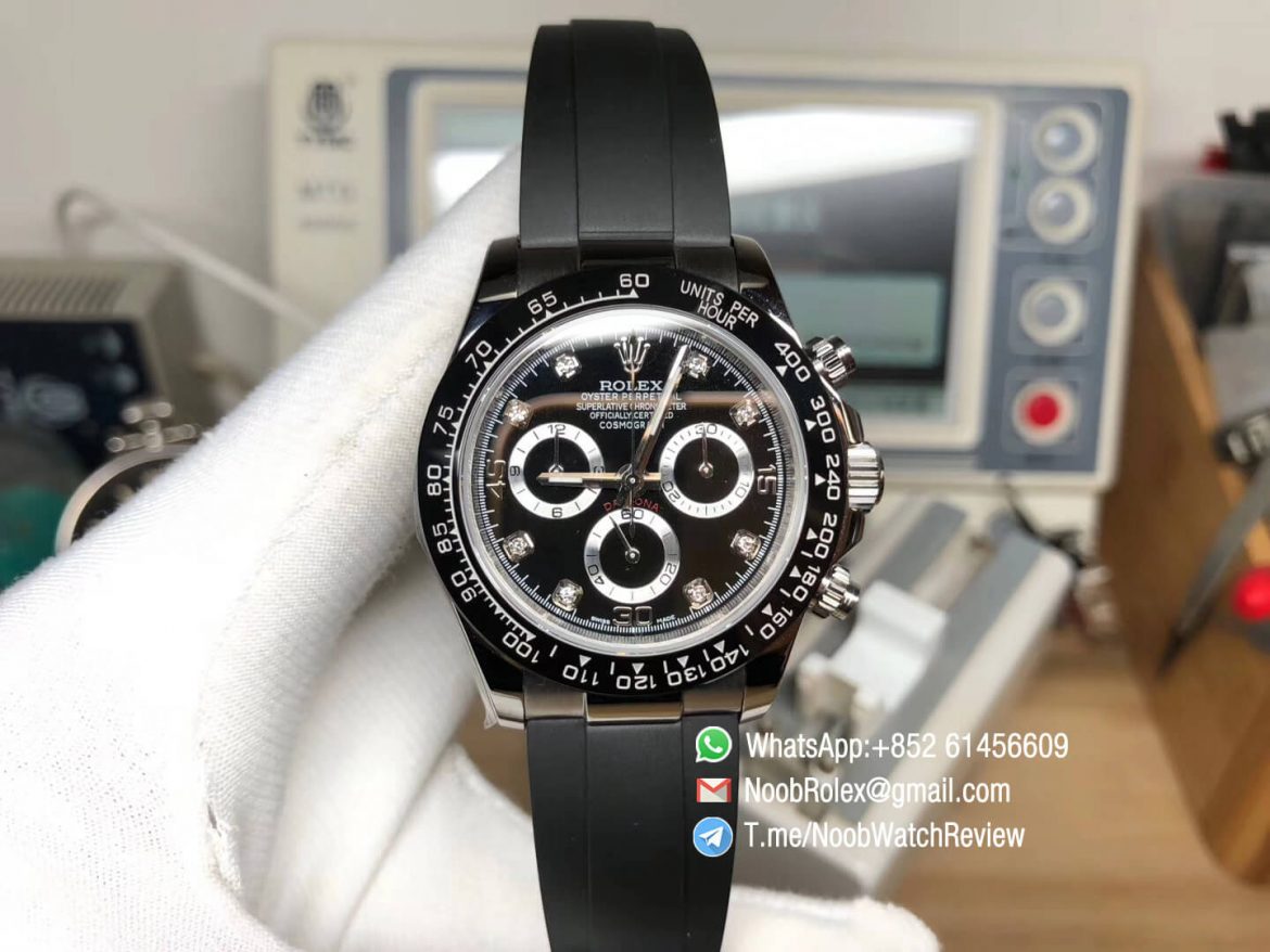 Noob Factory Daytona 116519 904L Steel Case Black Dial Diamonds Markers on Black Rubber Strap SA4130 V2 01