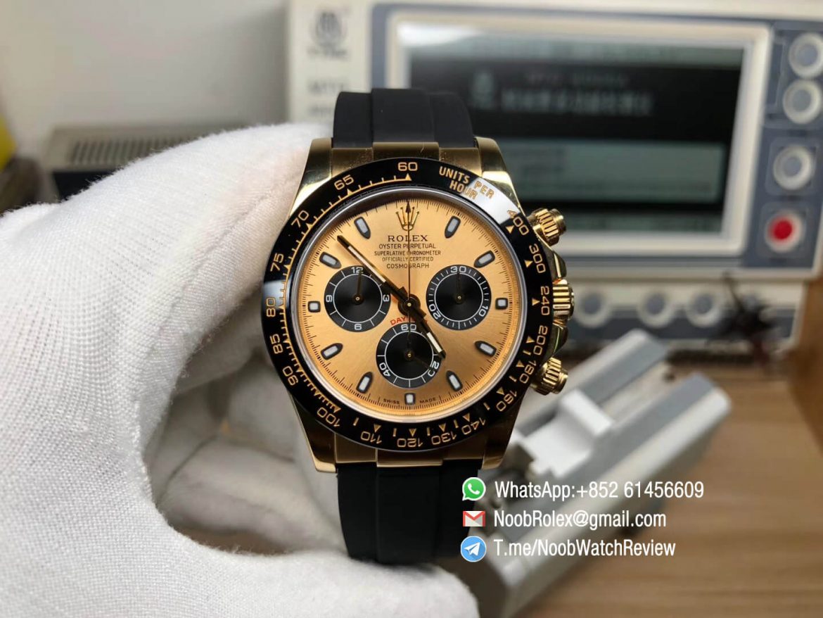 Noob Rolex Daytona 116518 Yellow Gold Plated 904L Steel Case Yellow Gold Dial wtih Black Sub dial on Black Rubber Strap SA4130 V3 01