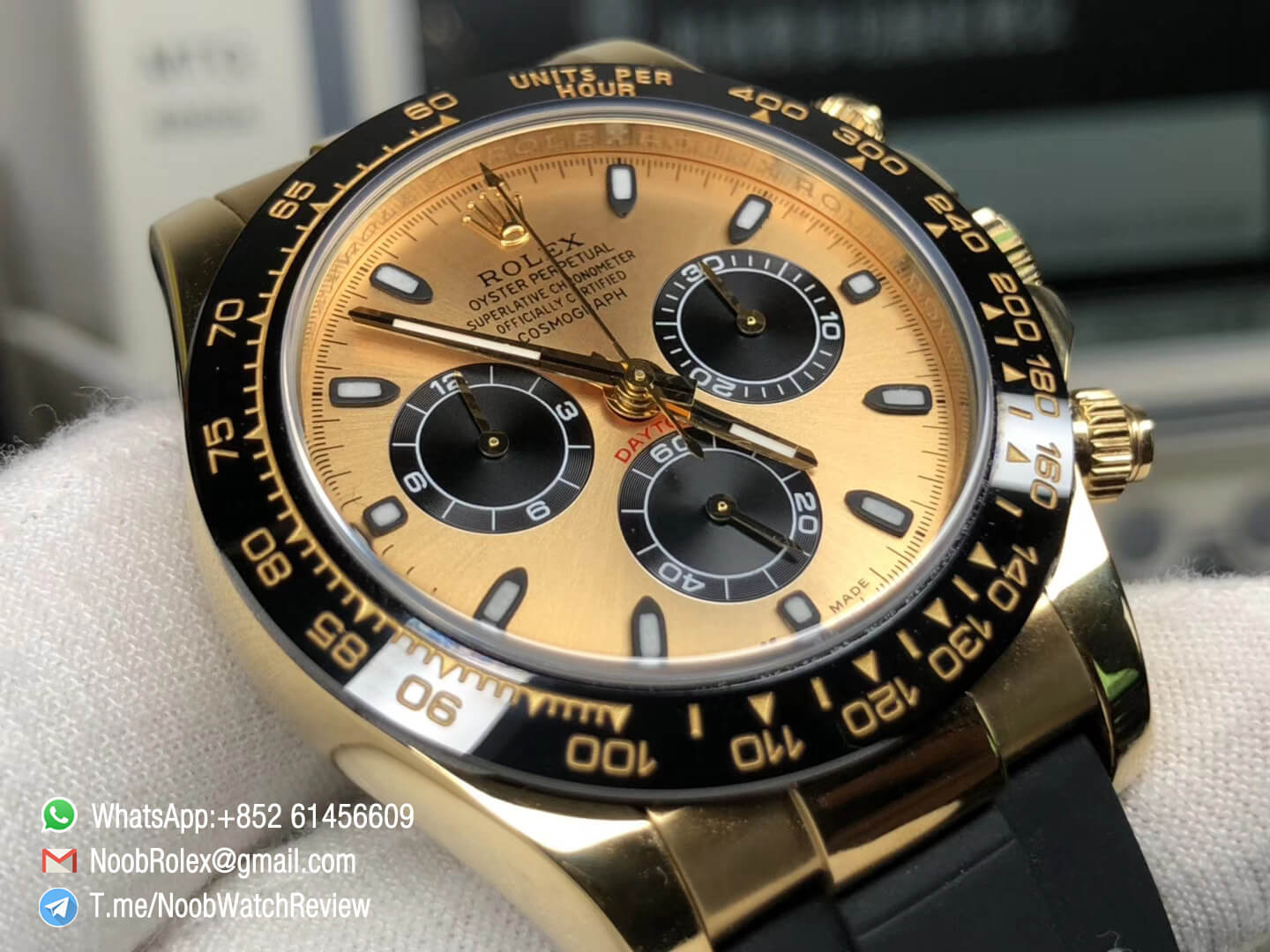 Noob Rolex Daytona 116518 Yellow Gold Plated 904L Steel Case Yellow Gold Dial wtih Black Sub dial on Black Rubber Strap SA4130 V3 03