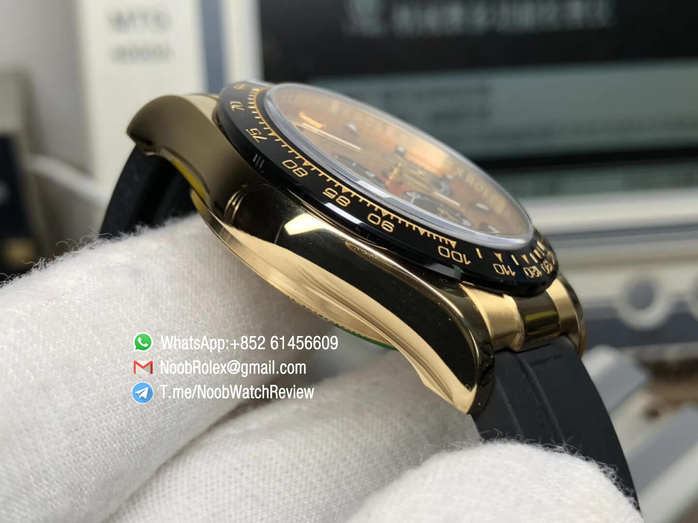 Noob Rolex Daytona 116518 Yellow Gold Plated 904L Steel Case Yellow Gold Dial wtih Black Sub dial on Black Rubber Strap SA4130 V3 04