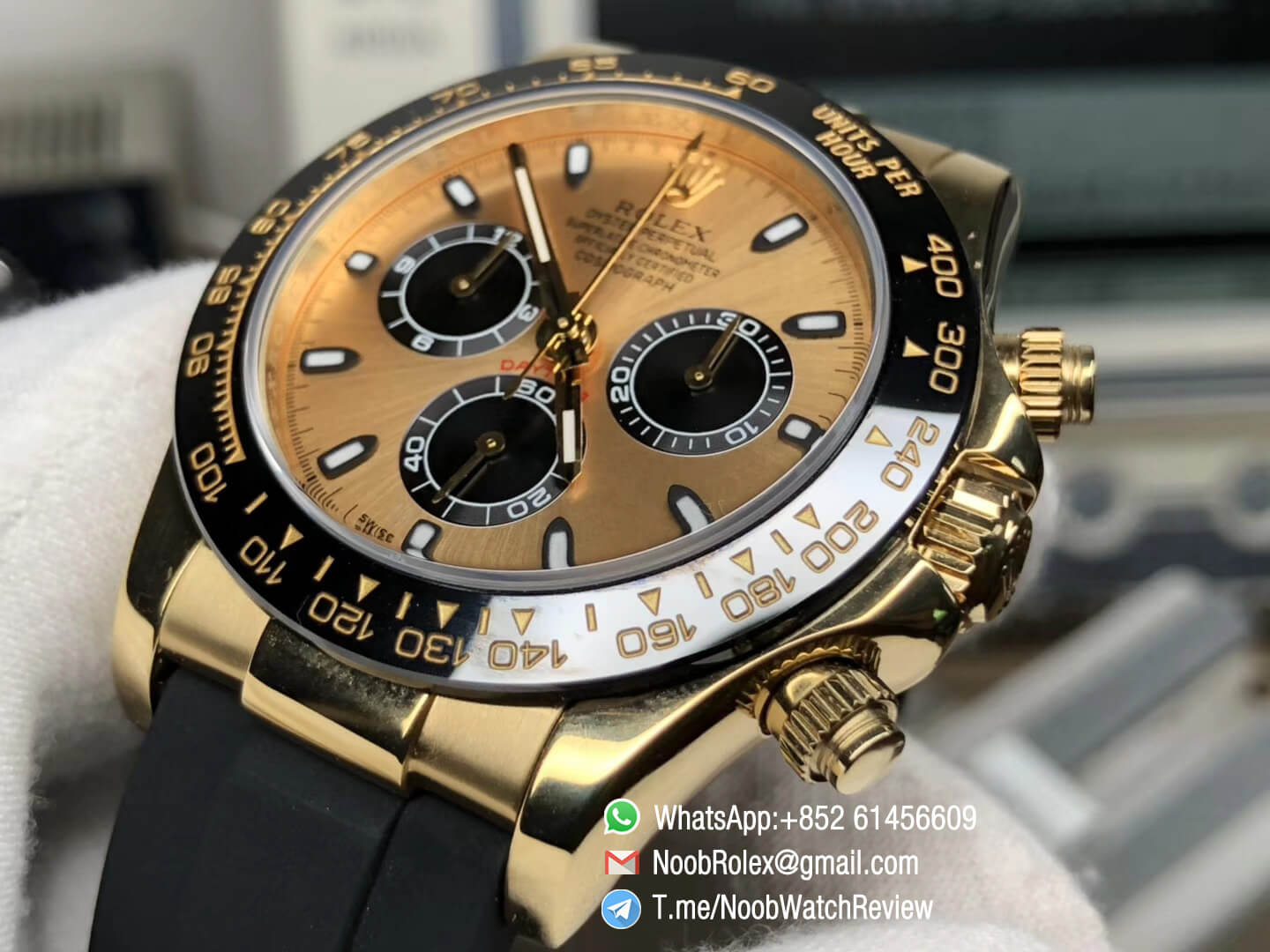 Noob Rolex Daytona 116518 Yellow Gold Plated 904L Steel Case Yellow Gold Dial wtih Black Sub dial on Black Rubber Strap SA4130 V3 05