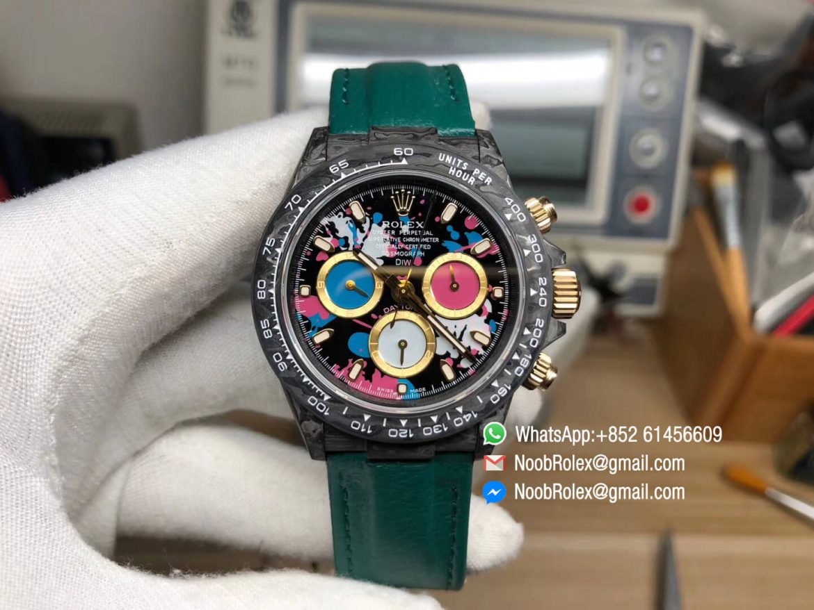 WWF Best Edition Rolex Daytona DiW Carbon Case and Bezel Motley Edition Colorful Dial Gold Subdial on Black Nylon Strap A7750 01