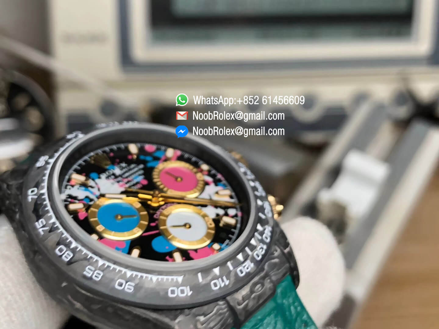 WWF Best Edition Rolex Daytona DiW Carbon Case and Bezel Motley Edition Colorful Dial Gold Subdial on Black Nylon Strap A7750 04