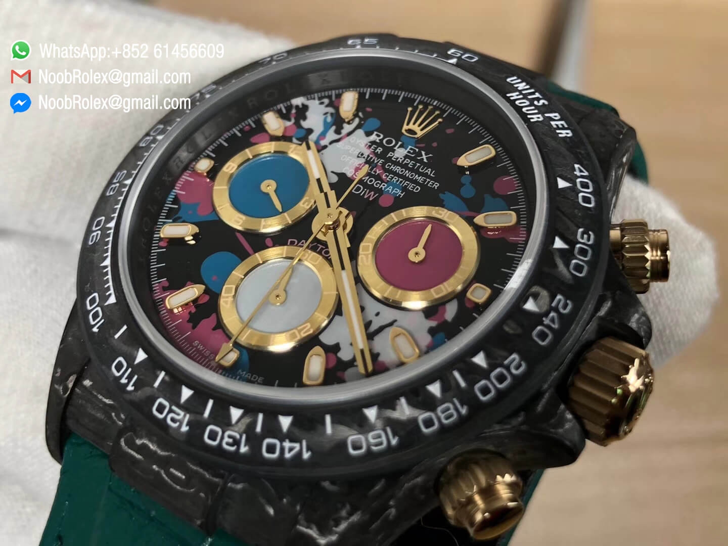 WWF Best Edition Rolex Daytona DiW Carbon Case and Bezel Motley Edition Colorful Dial Gold Subdial on Black Nylon Strap A7750 05