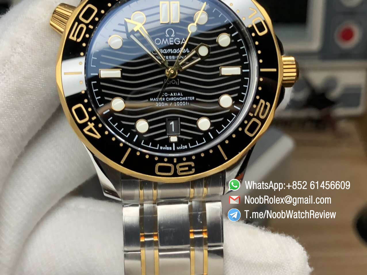 VS Factory 2018 Seamaster Diver 300M Steel Case Yellow Gold Bezel Black Wave Textured Dial on Two Tone Bracelet A8800 02