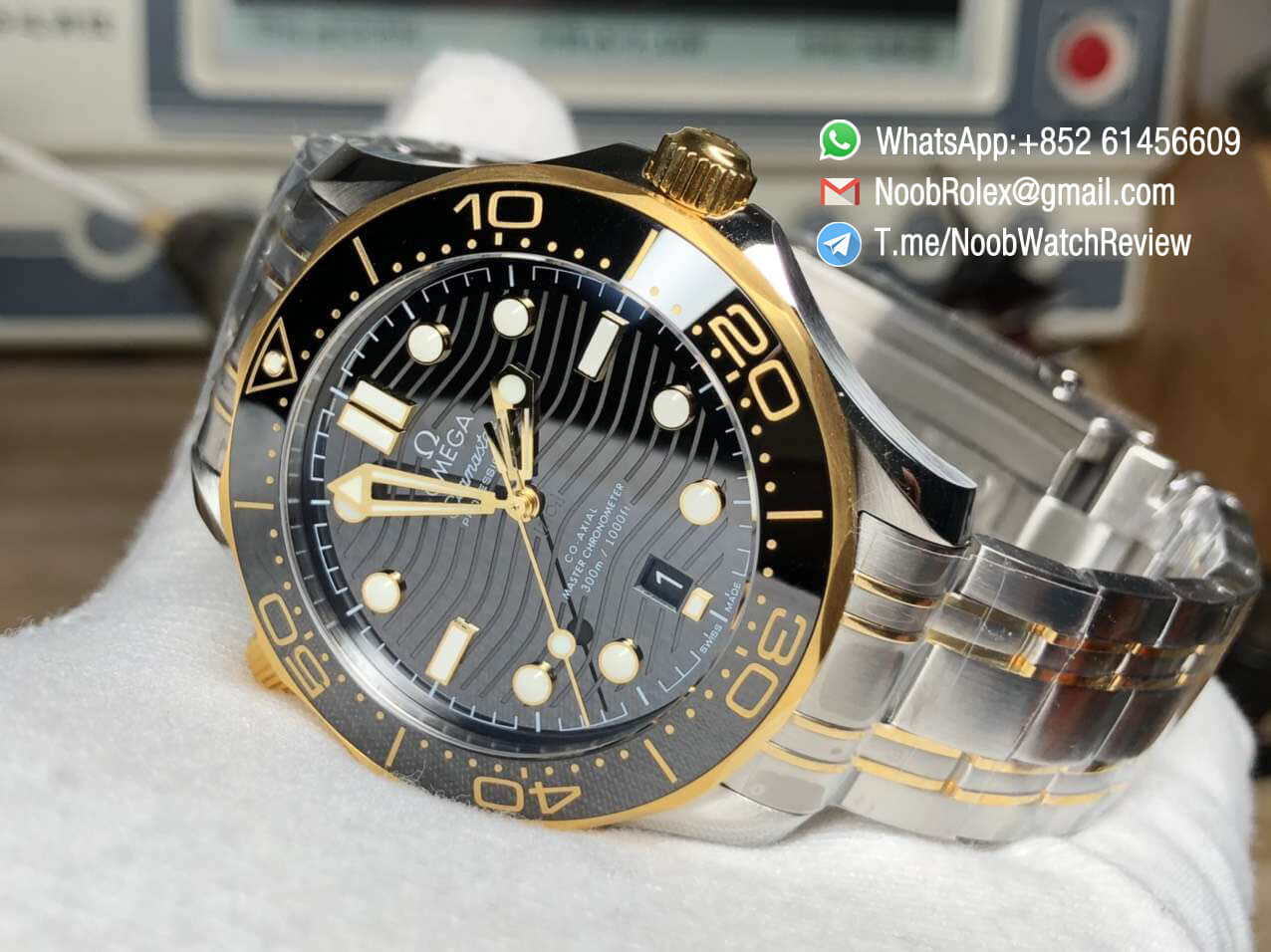 VS Factory 2018 Seamaster Diver 300M Steel Case Yellow Gold Bezel Black Wave Textured Dial on Two Tone Bracelet A8800 09