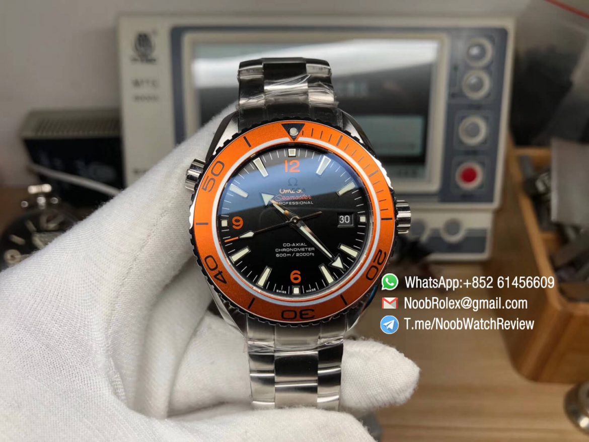 VS Factory Planet Ocean Professional 600m CO AXIAL Orange Bezel 45mm Steel Bracelet A8500 Super Clone Movement 01