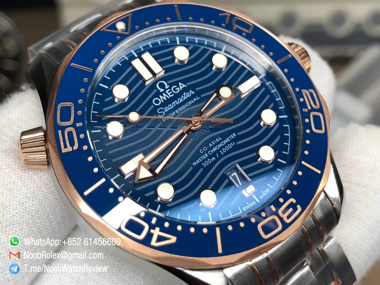 VSF Omega 2018 Seamaster Diver 300M Rost Gold Steel Two Tone Bracelet Rose Gold Bezel Blue Wave Textured Dial Super Clone A8800 03