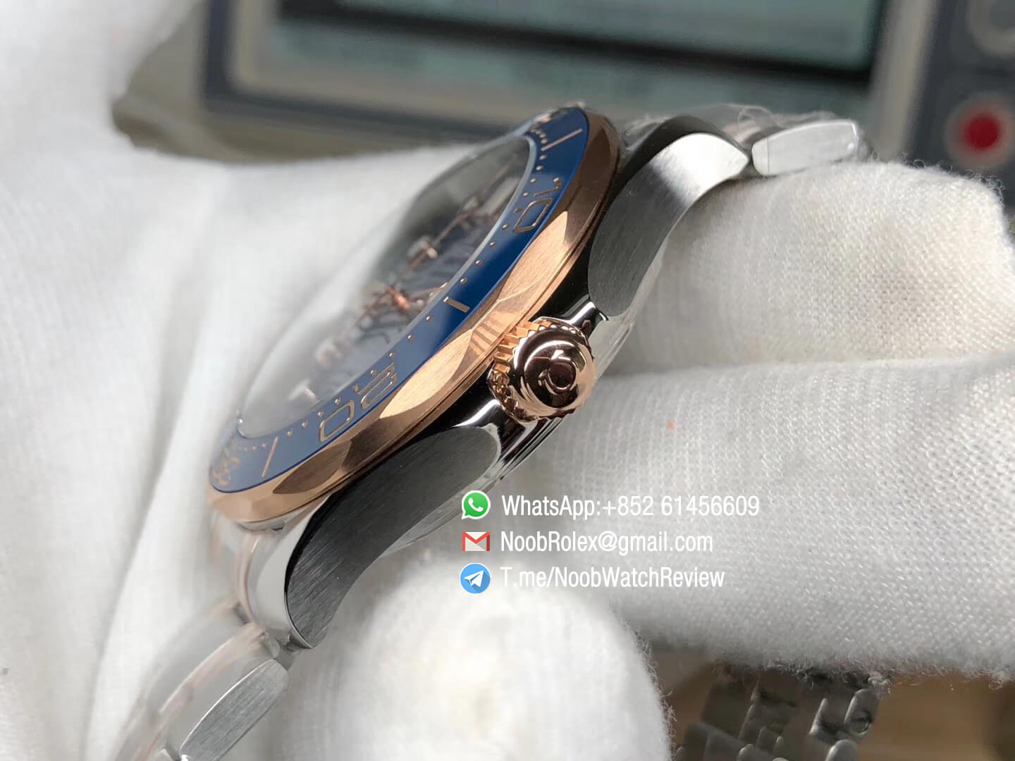 VSF Omega 2018 Seamaster Diver 300M Rost Gold Steel Two Tone Bracelet Rose Gold Bezel Blue Wave Textured Dial Super Clone A8800 06