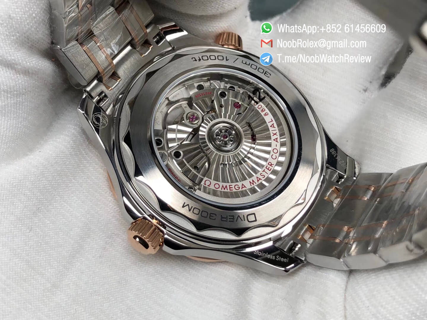 VSF Omega 2018 Seamaster Diver 300M Rost Gold Steel Two Tone Bracelet Rose Gold Bezel Blue Wave Textured Dial Super Clone A8800 07