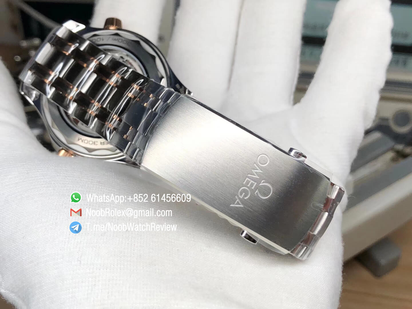 VSF Omega 2018 Seamaster Diver 300M Rost Gold Steel Two Tone Bracelet Rose Gold Bezel Blue Wave Textured Dial Super Clone A8800 08