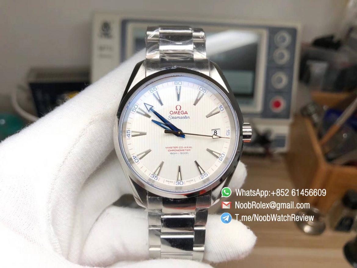 VSF Omega Seamaster Aqua Terra 150M Steel Case White Textured Dial Blue Hands on Steel Bracelet A8500 Super Clone Movement 01