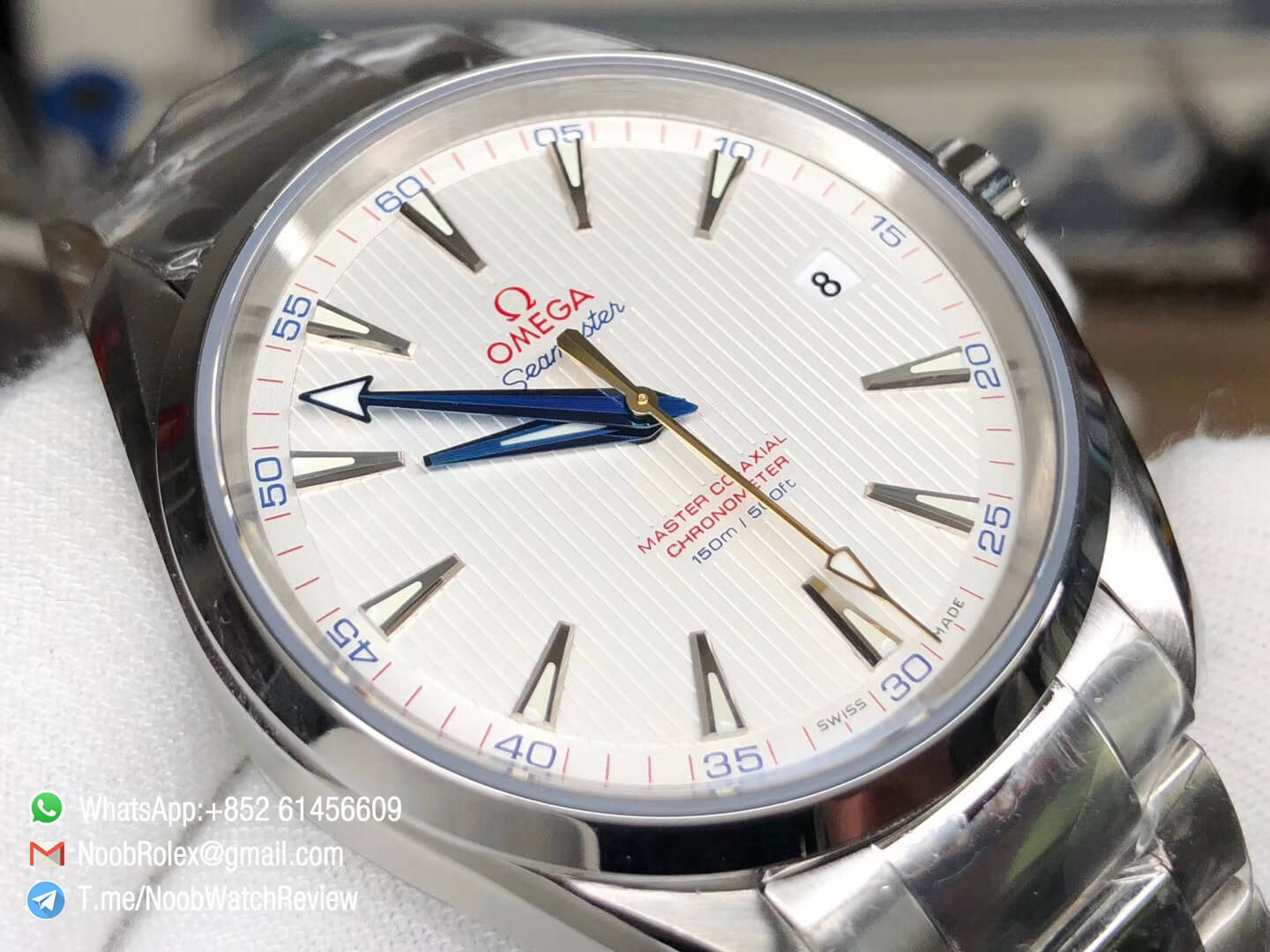 VSF Omega Seamaster Aqua Terra 150M Steel Case White Textured Dial Blue Hands on Steel Bracelet A8500 Super Clone Movement 03