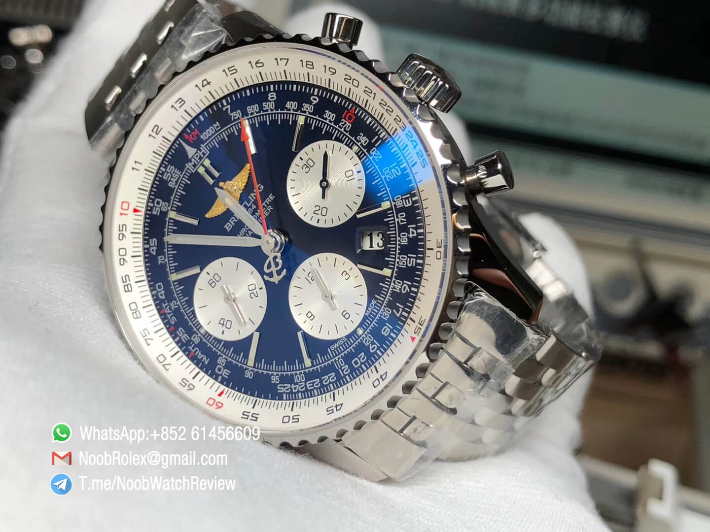 JF High Quality Breitling Navitimer 01 Chrono Stainless Steel Case Bracelet Blue Dial White Sub Dial on A7750 Best Edition 08