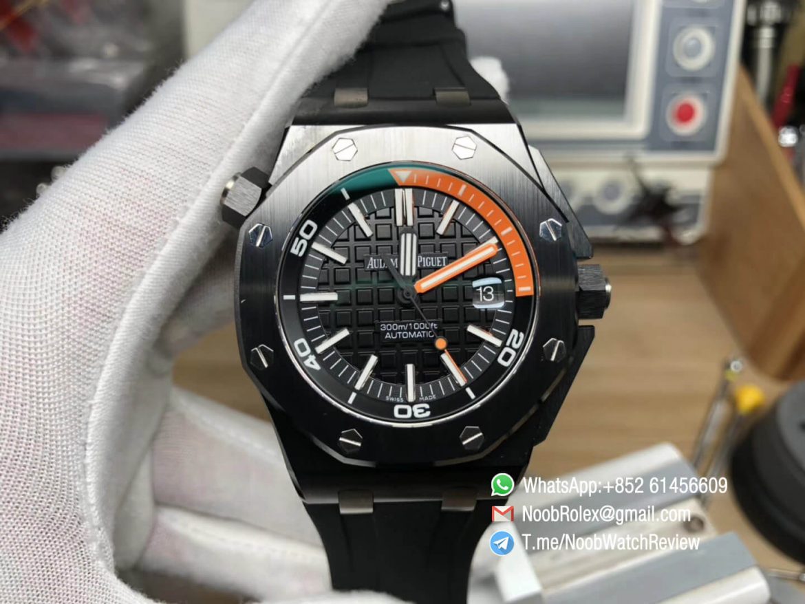 JF High Quality Rep Watch Royal Oak Offshore Diver AP 15707 Quarter Orange Index Ceramic Case on Rubber Strap A3120 01