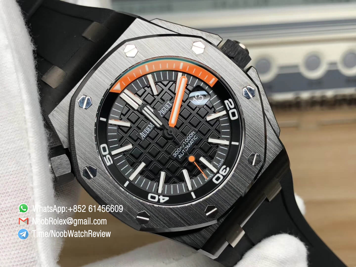 JF High Quality Rep Watch Royal Oak Offshore Diver AP 15707 Quarter Orange Index Ceramic Case on Rubber Strap A3120 03