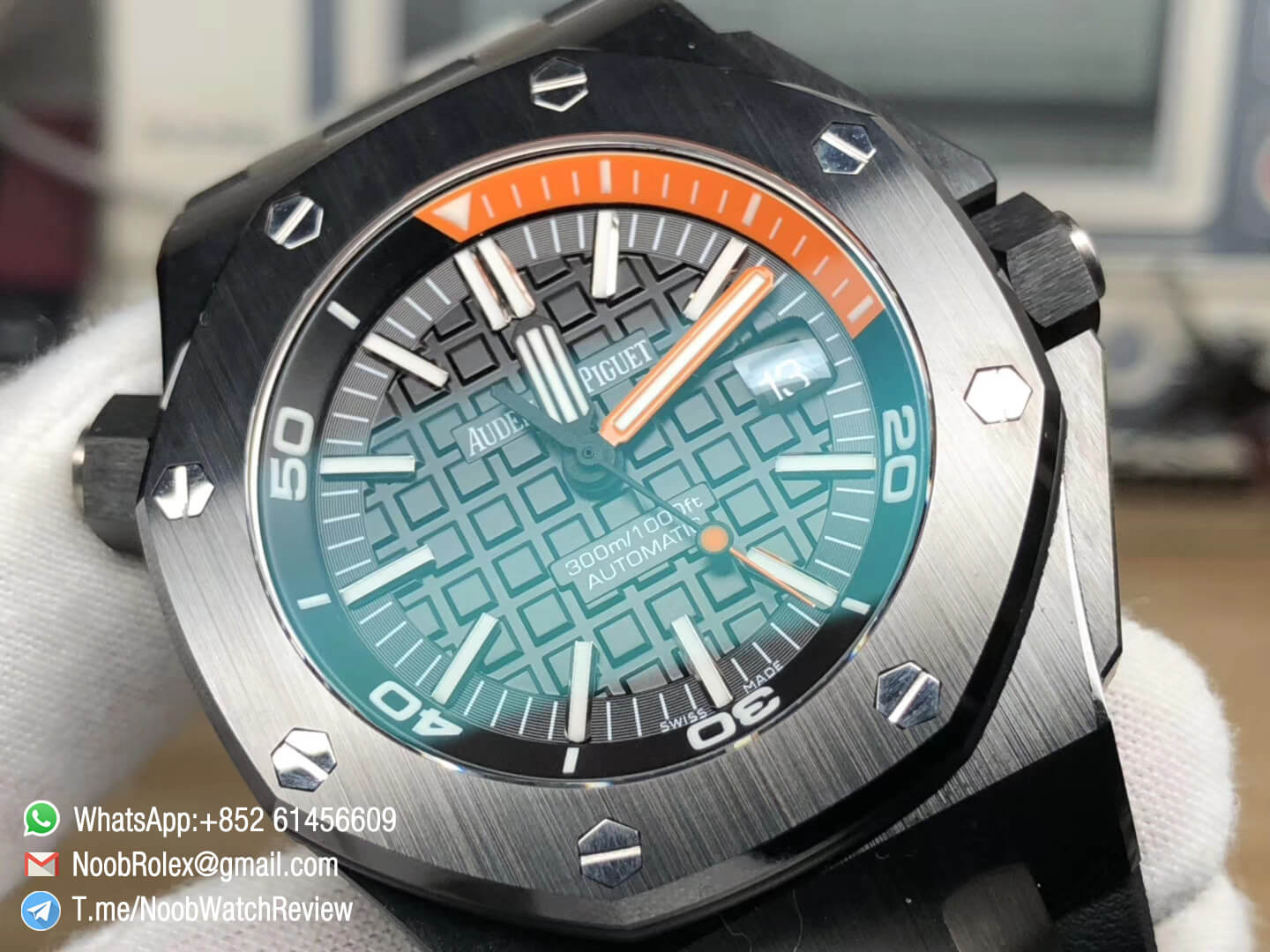 JF High Quality Rep Watch Royal Oak Offshore Diver AP 15707 Quarter Orange Index Ceramic Case on Rubber Strap A3120 06