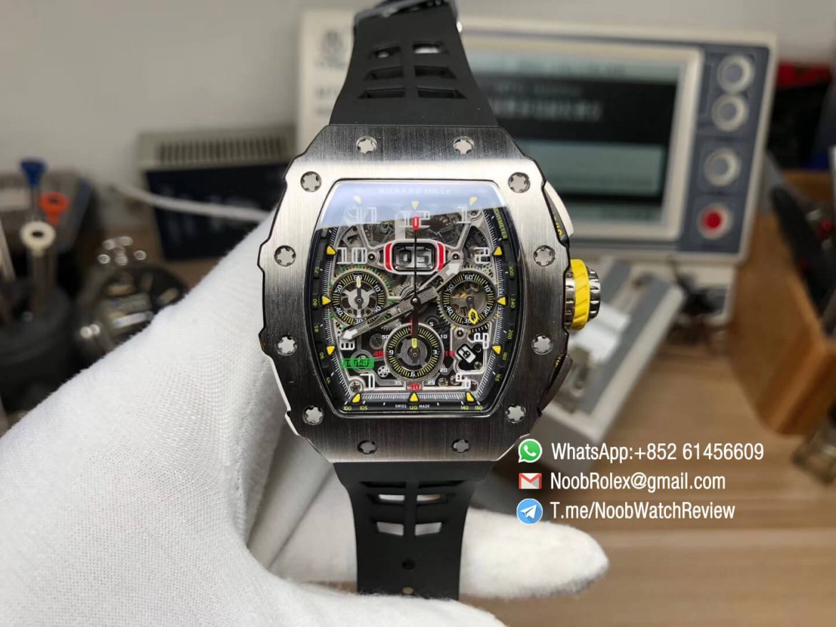 KVF Best Clone RM11 03 Crystal Skeleton Dial Steel Case Titanium Mid Case on Black Racing Rubber Strap A7750 Chrono Movement 01