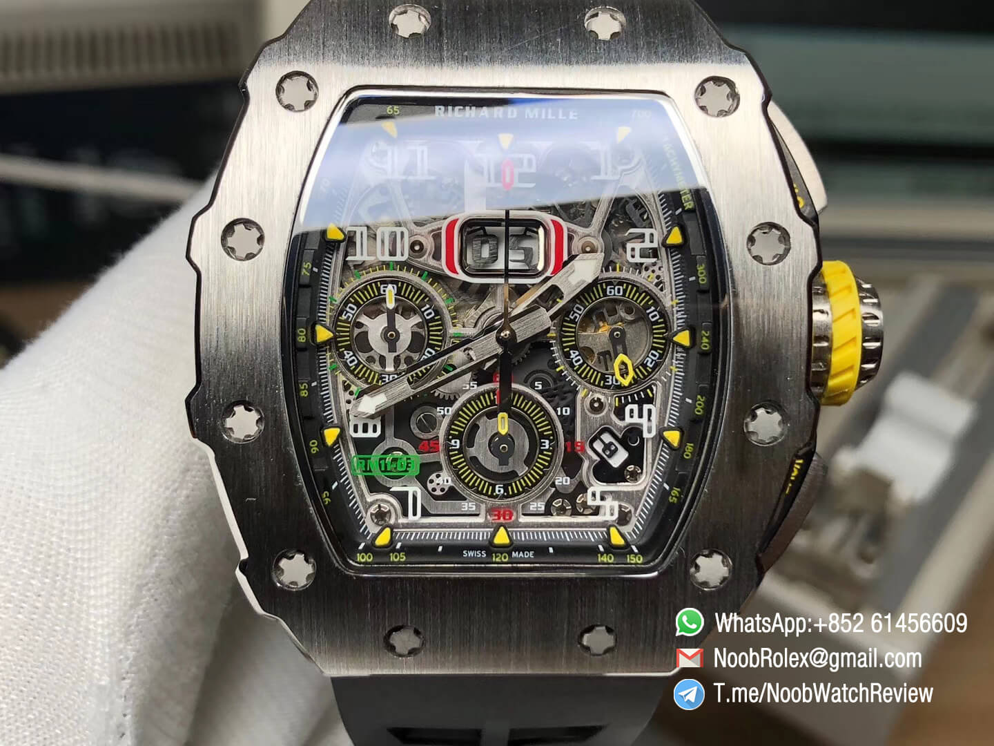 KVF Best Clone RM11 03 Crystal Skeleton Dial Steel Case Titanium Mid Case on Black Racing Rubber Strap A7750 Chrono Movement 02