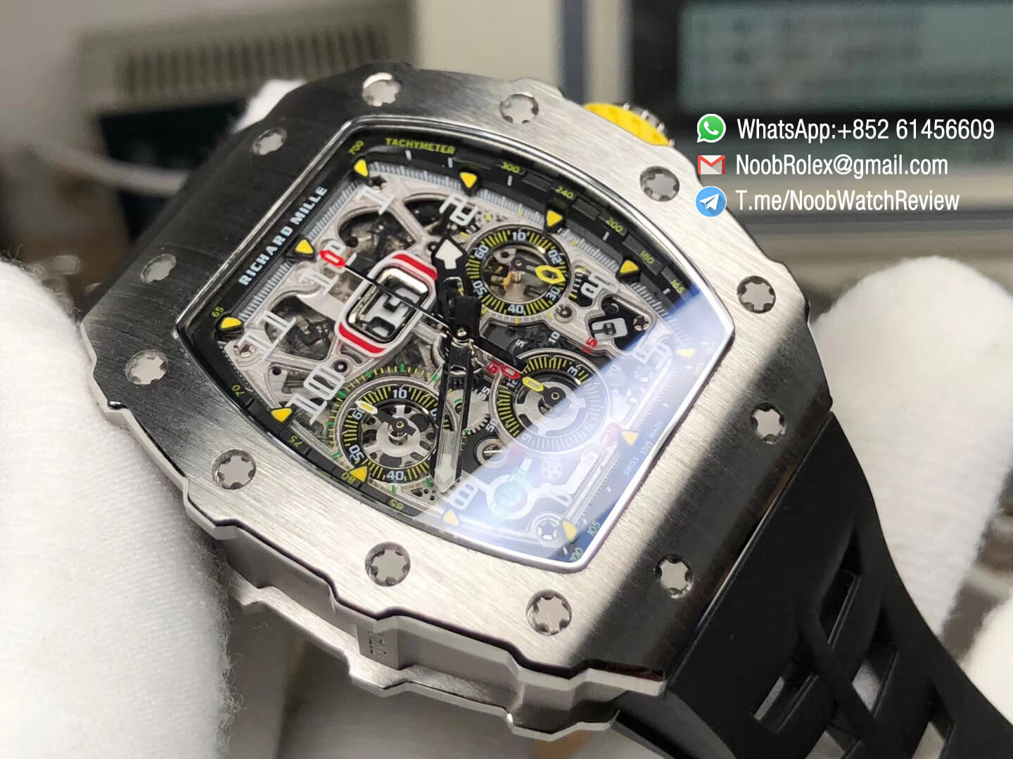 KVF Best Clone RM11 03 Crystal Skeleton Dial Steel Case Titanium Mid Case on Black Racing Rubber Strap A7750 Chrono Movement 03