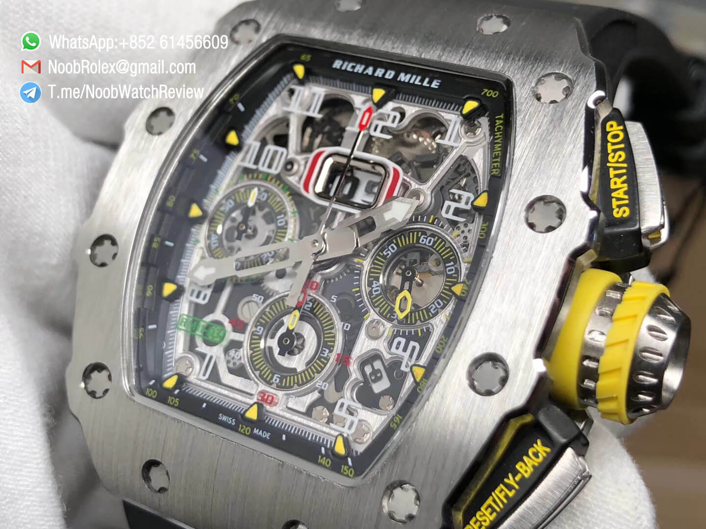 KVF Best Clone RM11 03 Crystal Skeleton Dial Steel Case Titanium Mid Case on Black Racing Rubber Strap A7750 Chrono Movement 05