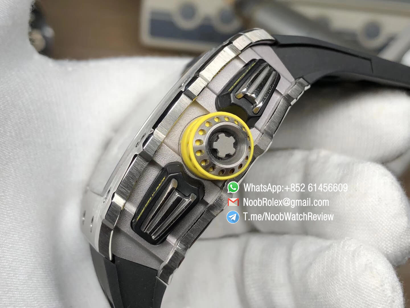 KVF Best Clone RM11 03 Crystal Skeleton Dial Steel Case Titanium Mid Case on Black Racing Rubber Strap A7750 Chrono Movement 06