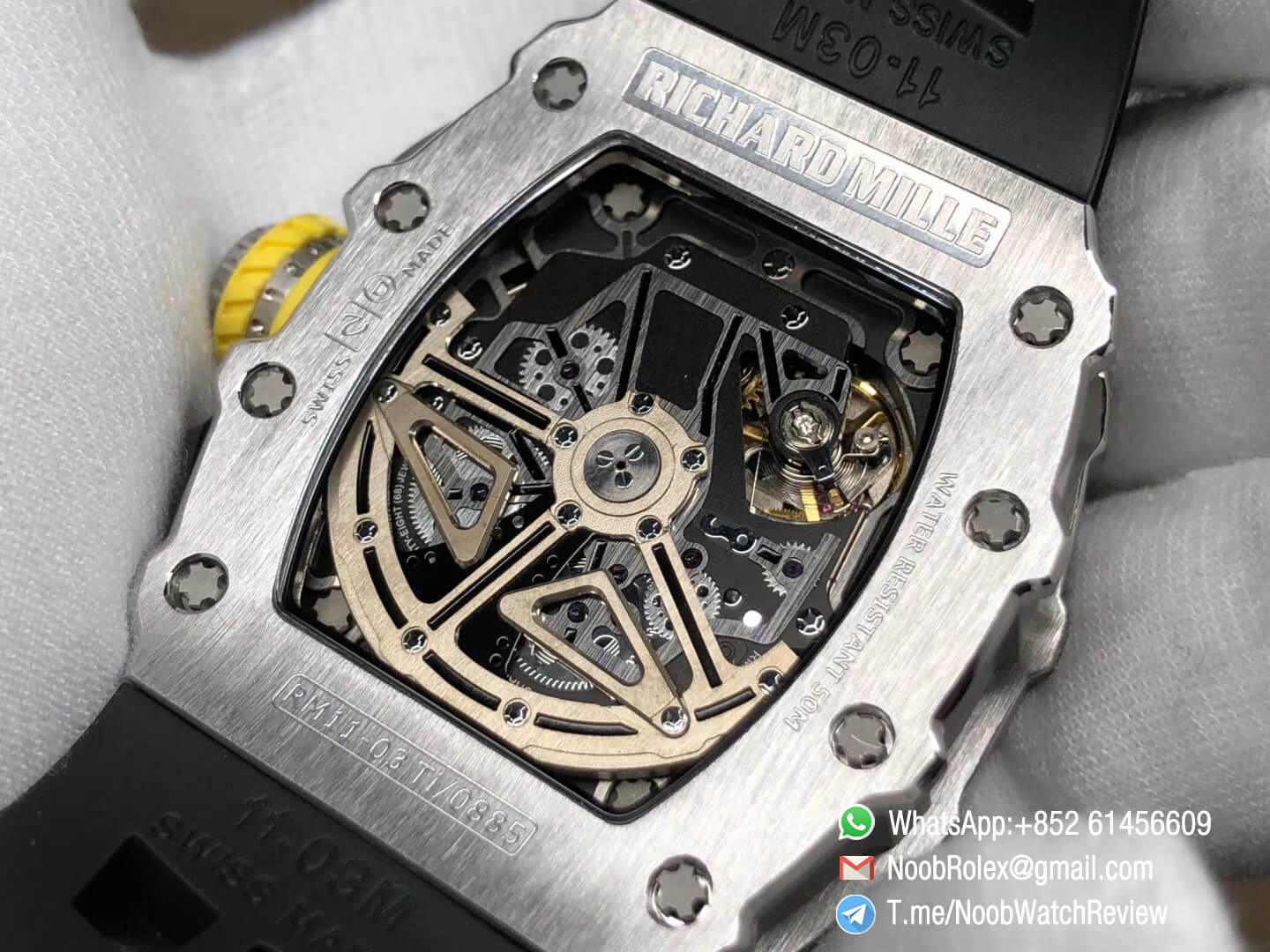 KVF Best Clone RM11 03 Crystal Skeleton Dial Steel Case Titanium Mid Case on Black Racing Rubber Strap A7750 Chrono Movement 07