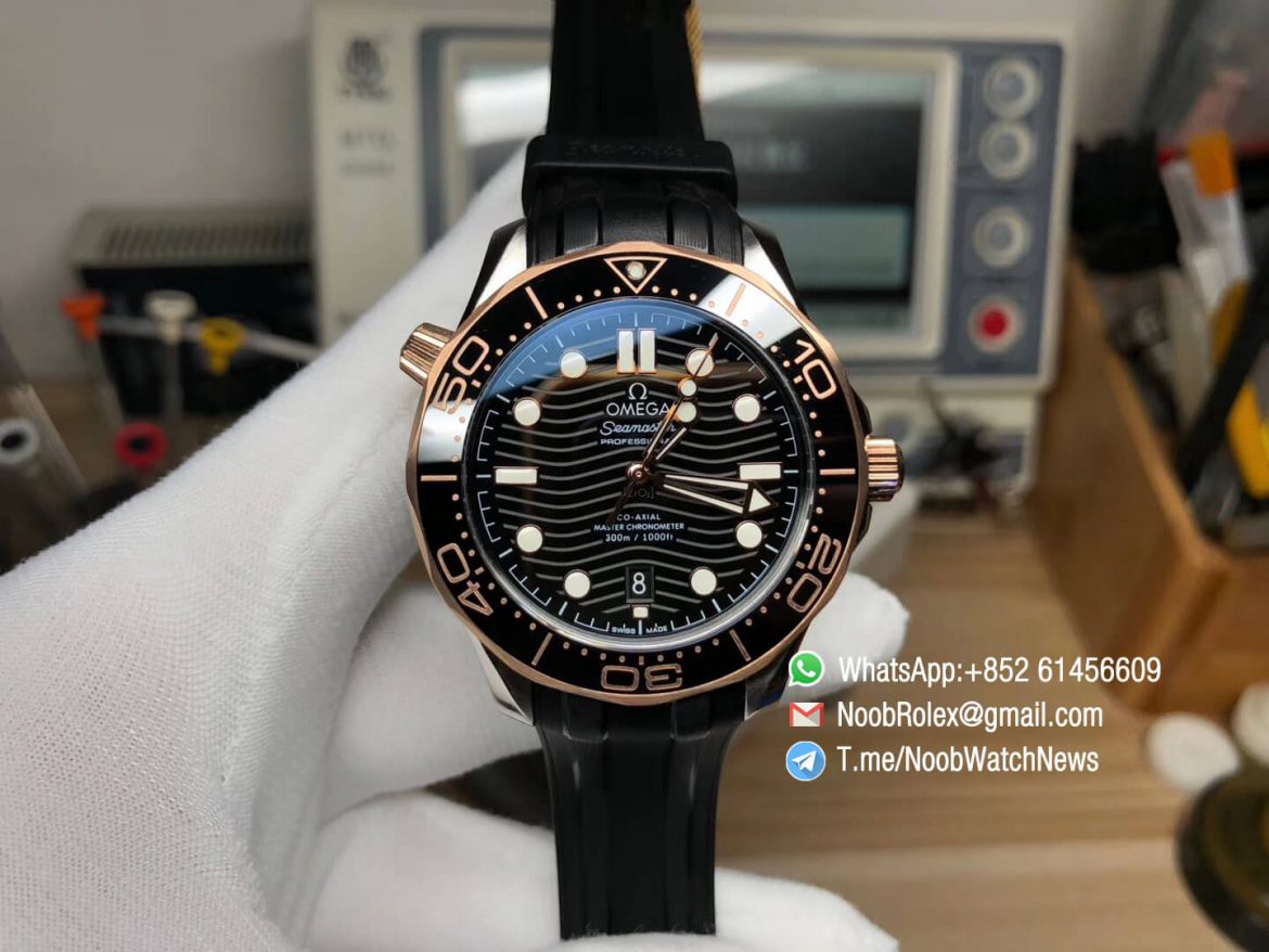 VS Factory 2018 Seamaster Diver 300M Steel Case Rose Gold Bezel Black with Wave Textured diaon Black Rubber Strap A8800 01