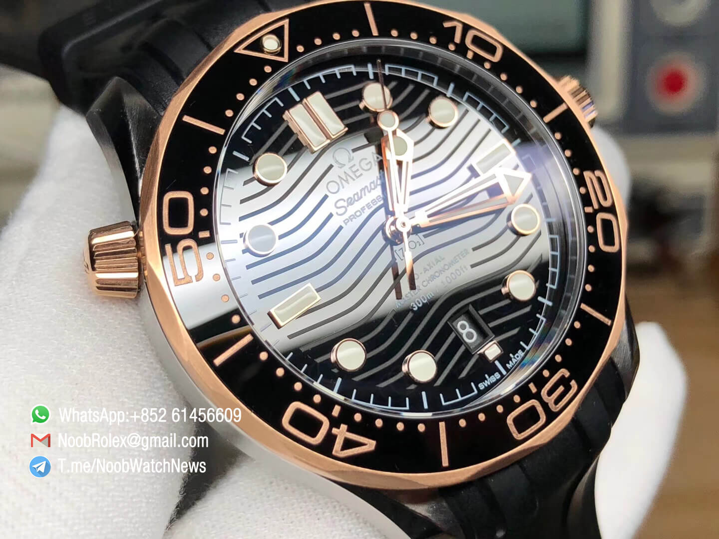 VS Factory 2018 Seamaster Diver 300M Steel Case Rose Gold Bezel Black with Wave Textured diaon Black Rubber Strap A8800 03