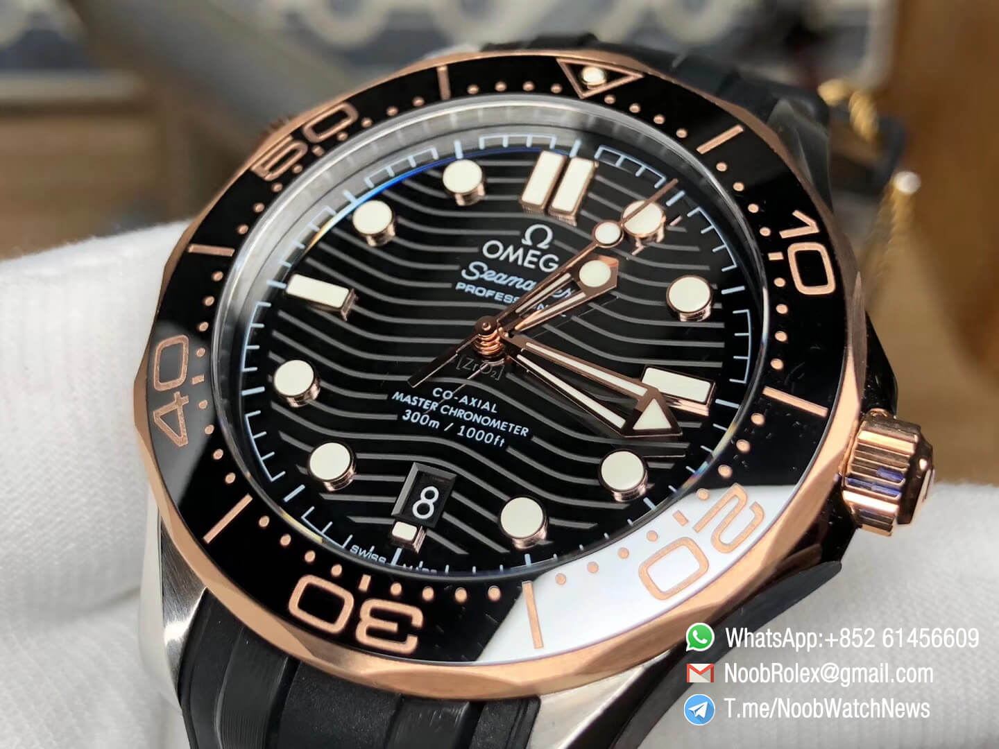 VS Factory 2018 Seamaster Diver 300M Steel Case Rose Gold Bezel Black with Wave Textured diaon Black Rubber Strap A8800 04