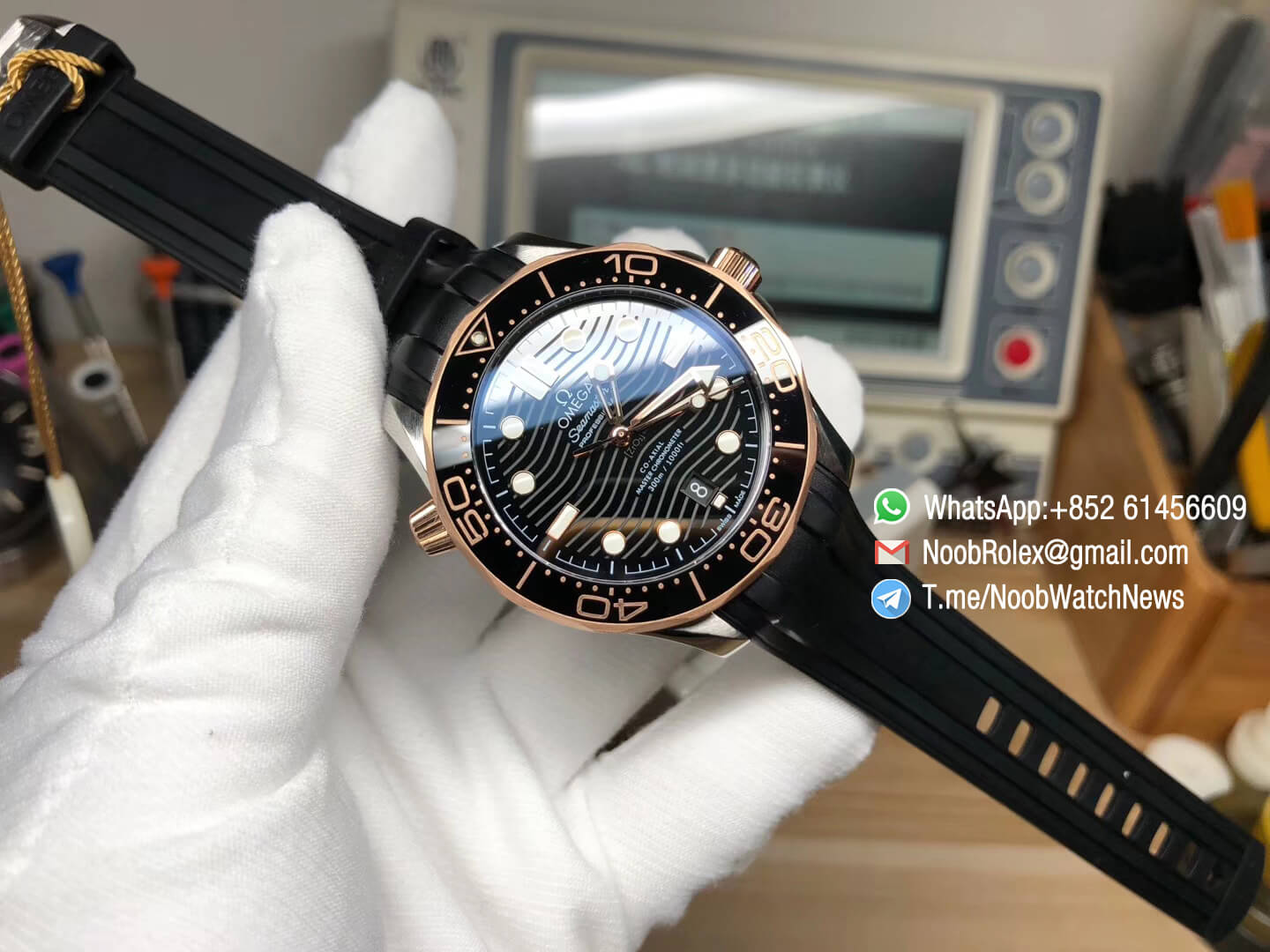 VS Factory 2018 Seamaster Diver 300M Steel Case Rose Gold Bezel Black with Wave Textured diaon Black Rubber Strap A8800 09