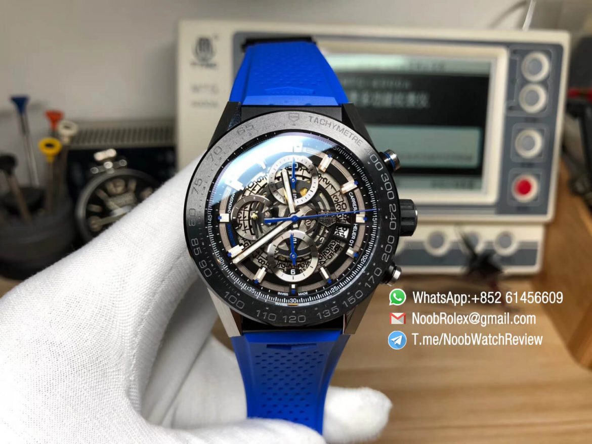 XF Best Quality Tag Heuer Carrera CAL Heuer 01 Chrono PVD Case Skeleton Dial Blue Hand Blue Rubber Strap Asain Clone 1887 Movement 01