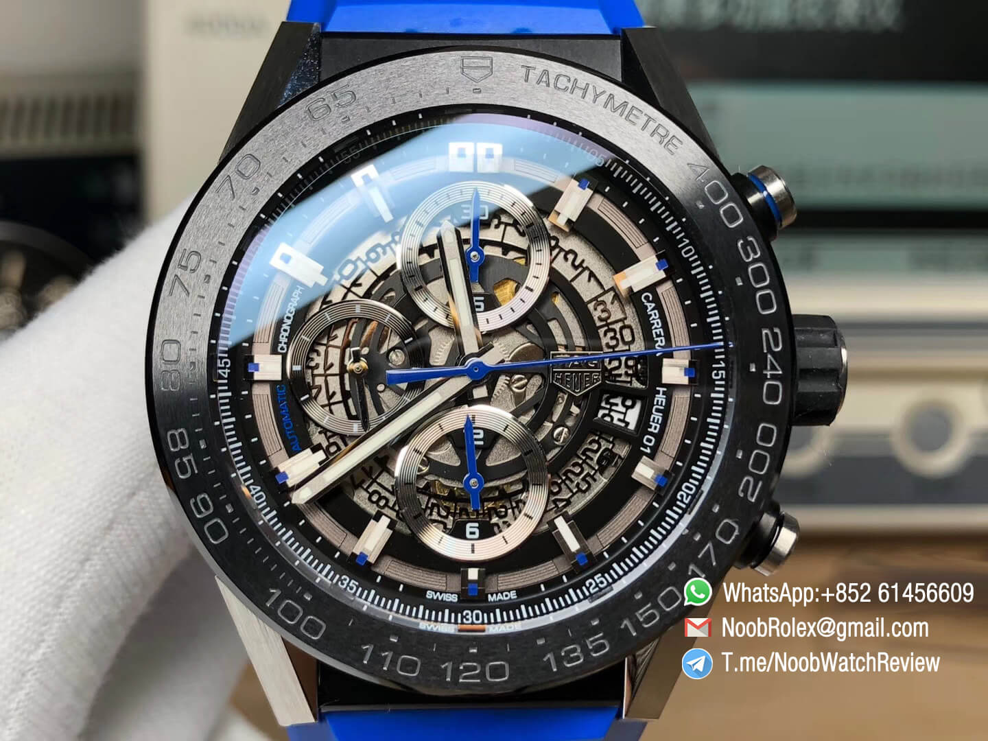 XF Best Quality Tag Heuer Carrera CAL Heuer 01 Chrono PVD Case Skeleton Dial Blue Hand Blue Rubber Strap Asain Clone 1887 Movement 02