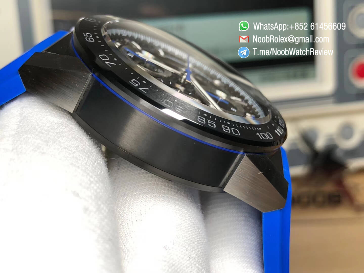 XF Best Quality Tag Heuer Carrera CAL Heuer 01 Chrono PVD Case Skeleton Dial Blue Hand Blue Rubber Strap Asain Clone 1887 Movement 04