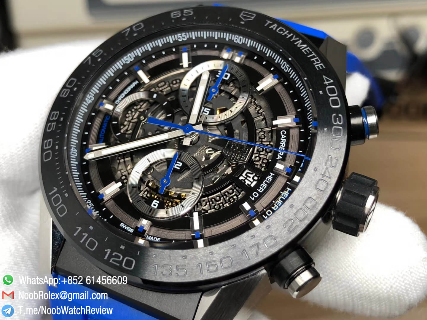 XF Best Quality Tag Heuer Carrera CAL Heuer 01 Chrono PVD Case Skeleton Dial Blue Hand Blue Rubber Strap Asain Clone 1887 Movement 05