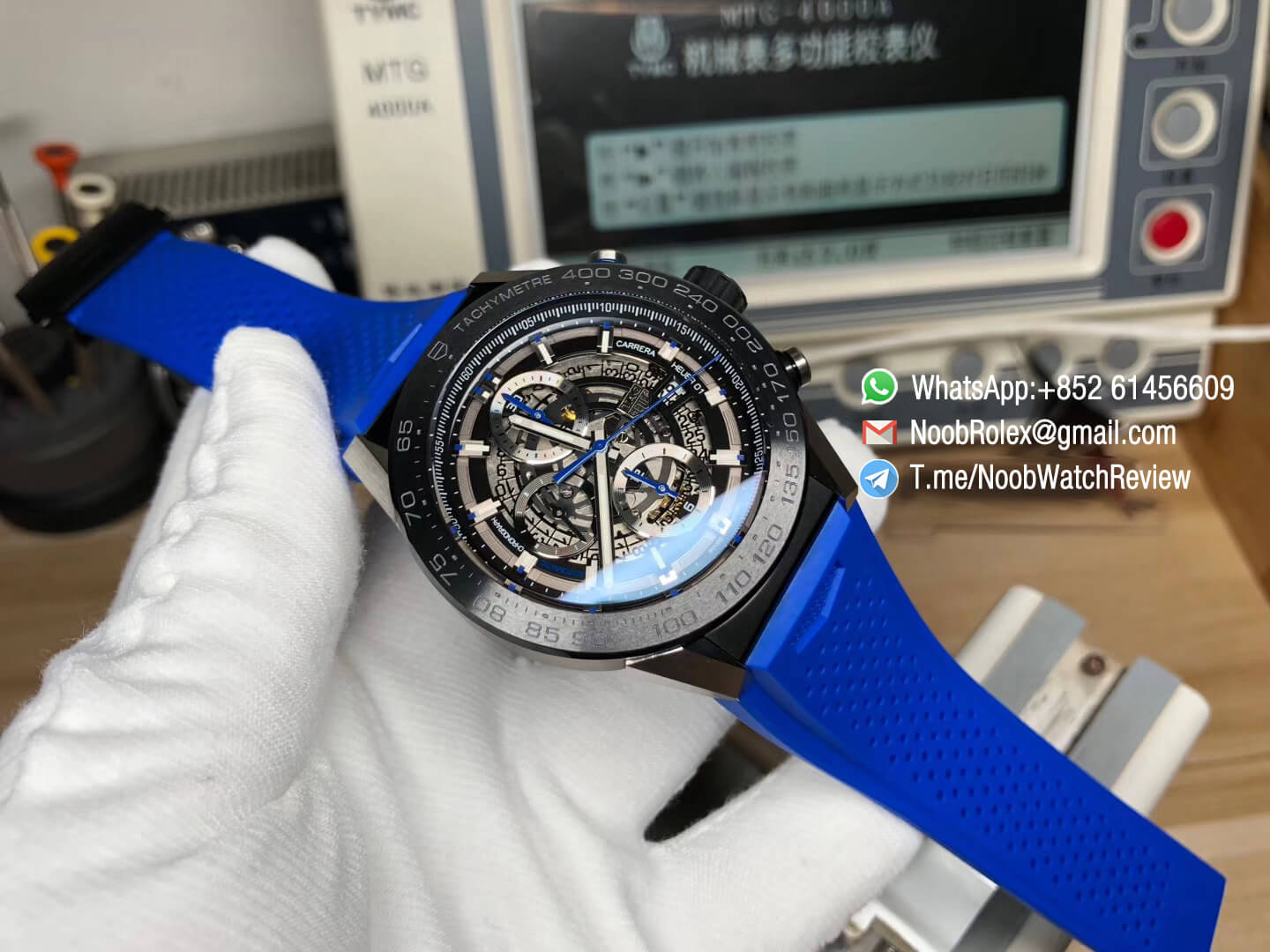 XF Best Quality Tag Heuer Carrera CAL Heuer 01 Chrono PVD Case Skeleton Dial Blue Hand Blue Rubber Strap Asain Clone 1887 Movement 09
