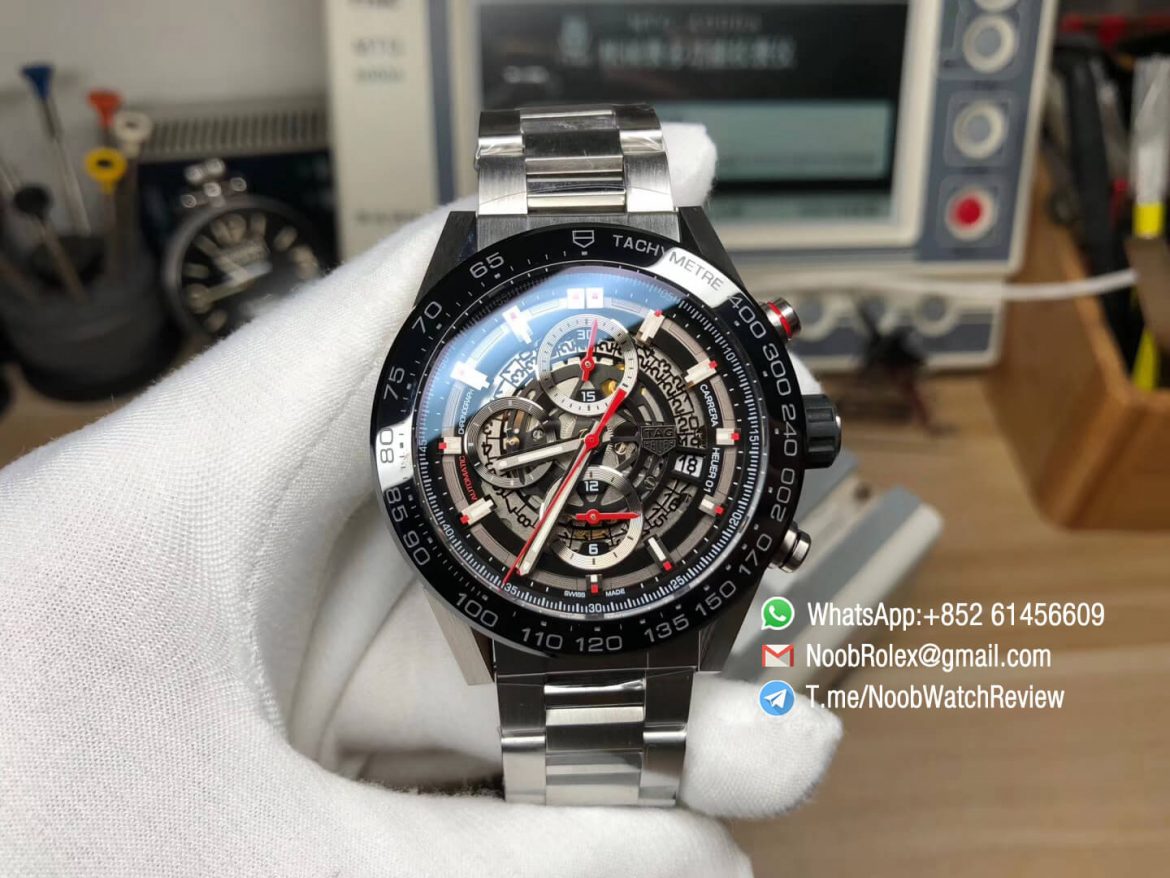 XF High Quality Tag Heuer Carrera CAL Heuer 01 Chrono PVD Case Skeleton Dial Red Hand Steel Bracelet on Asain Clone 1887 Movement 01