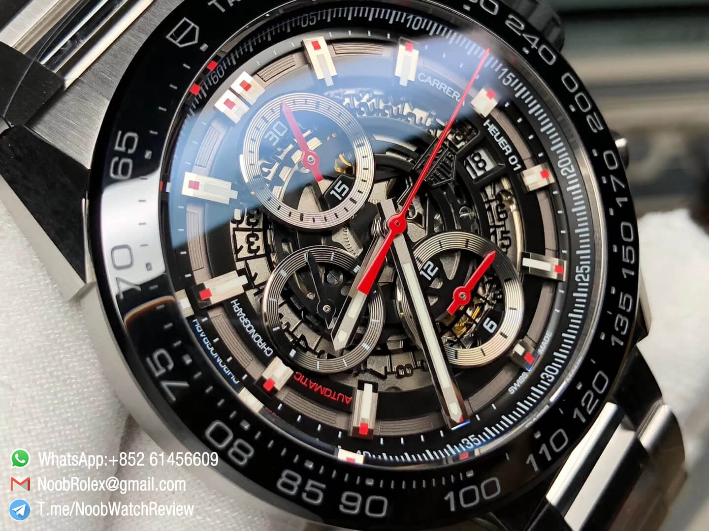 XF High Quality Tag Heuer Carrera CAL Heuer 01 Chrono PVD Case Skeleton Dial Red Hand Steel Bracelet on Asain Clone 1887 Movement 03