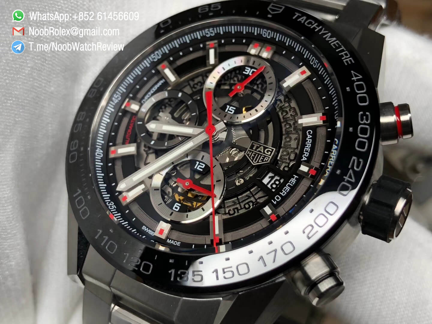 XF High Quality Tag Heuer Carrera CAL Heuer 01 Chrono PVD Case Skeleton Dial Red Hand Steel Bracelet on Asain Clone 1887 Movement 05