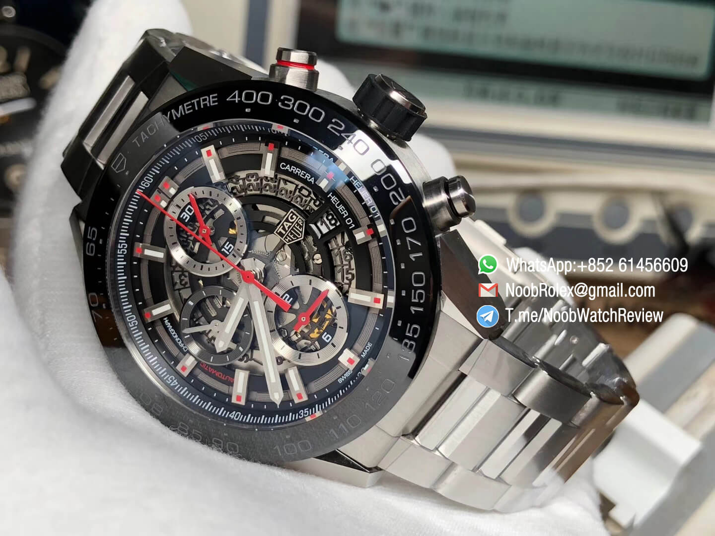 XF High Quality Tag Heuer Carrera CAL Heuer 01 Chrono PVD Case Skeleton Dial Red Hand Steel Bracelet on Asain Clone 1887 Movement 09