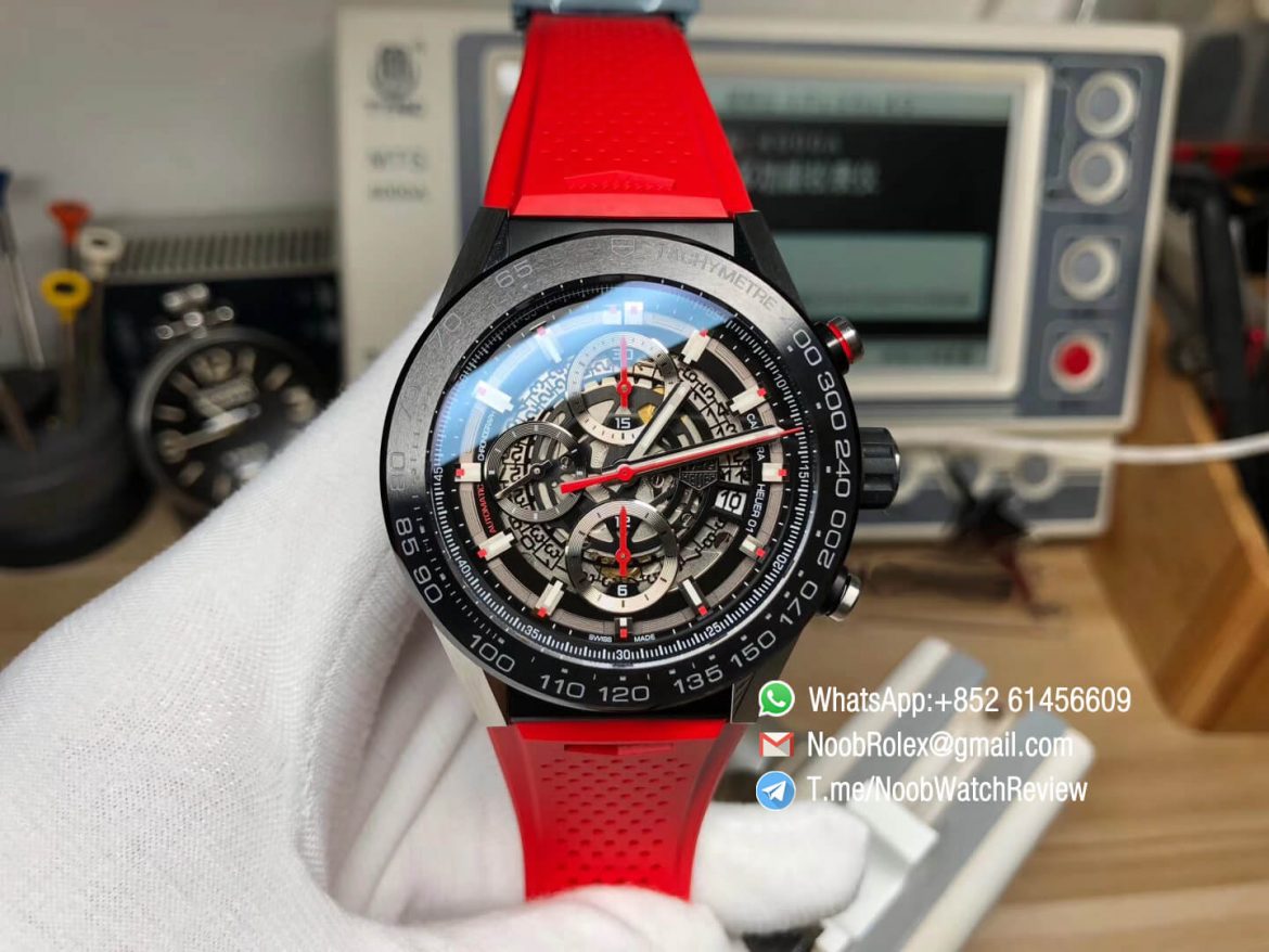 XF Top Rep Tag Heuer Carrera CAL Heuer 01 Chrono PVD Case Skeleton Dial Red Hand Red Rubber Strap Asain Clone 1887 Movement 01