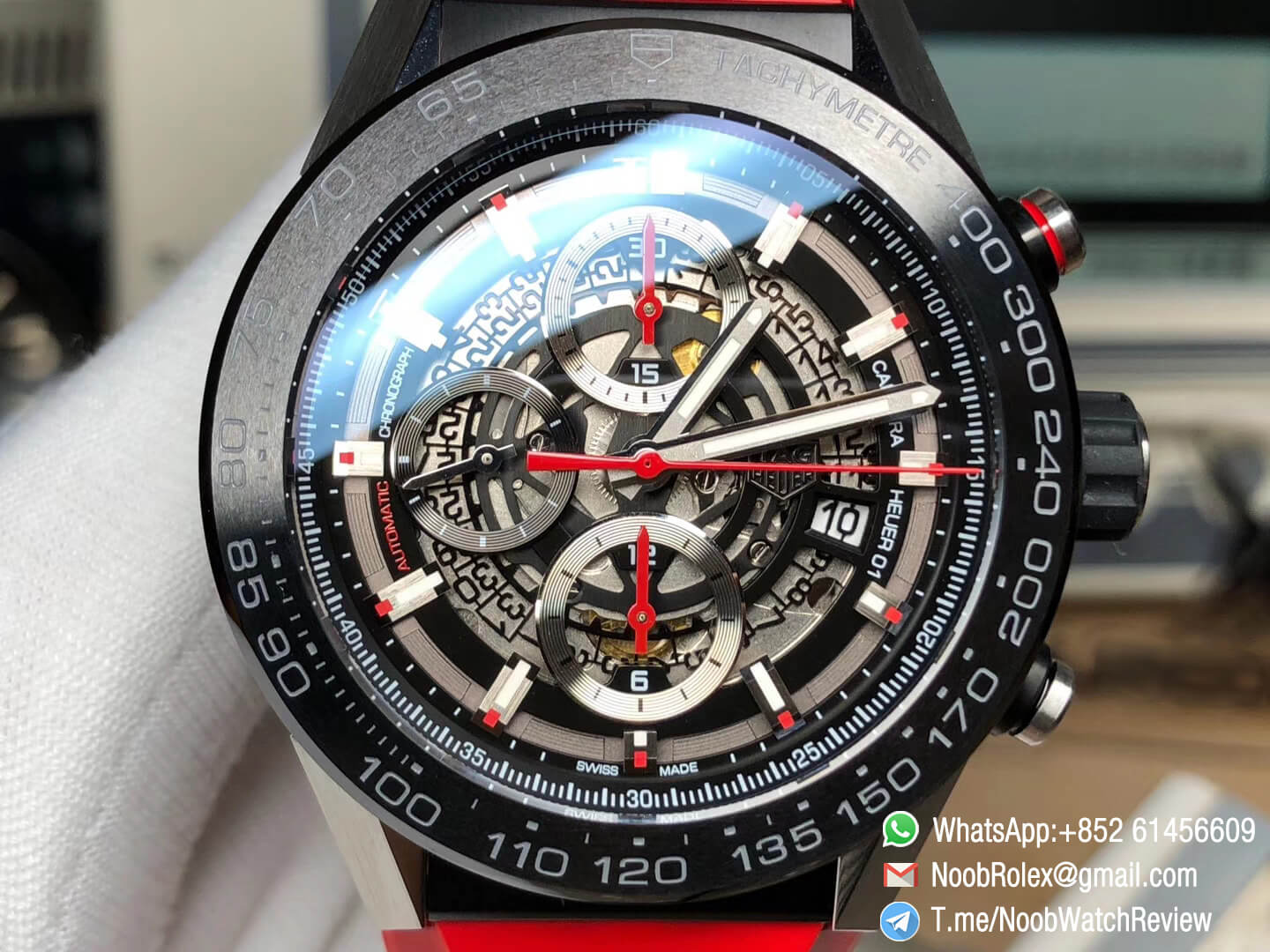 XF Top Rep Tag Heuer Carrera CAL Heuer 01 Chrono PVD Case Skeleton Dial Red Hand Red Rubber Strap Asain Clone 1887 Movement 02