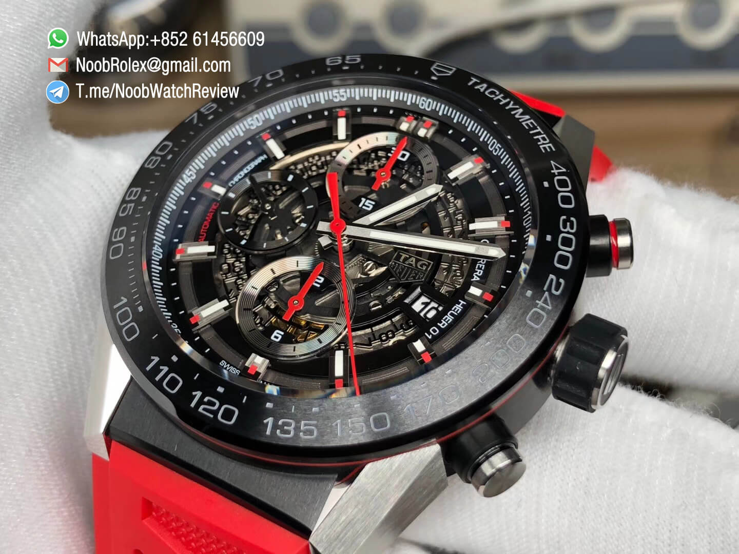 XF Top Rep Tag Heuer Carrera CAL Heuer 01 Chrono PVD Case Skeleton Dial Red Hand Red Rubber Strap Asain Clone 1887 Movement 05