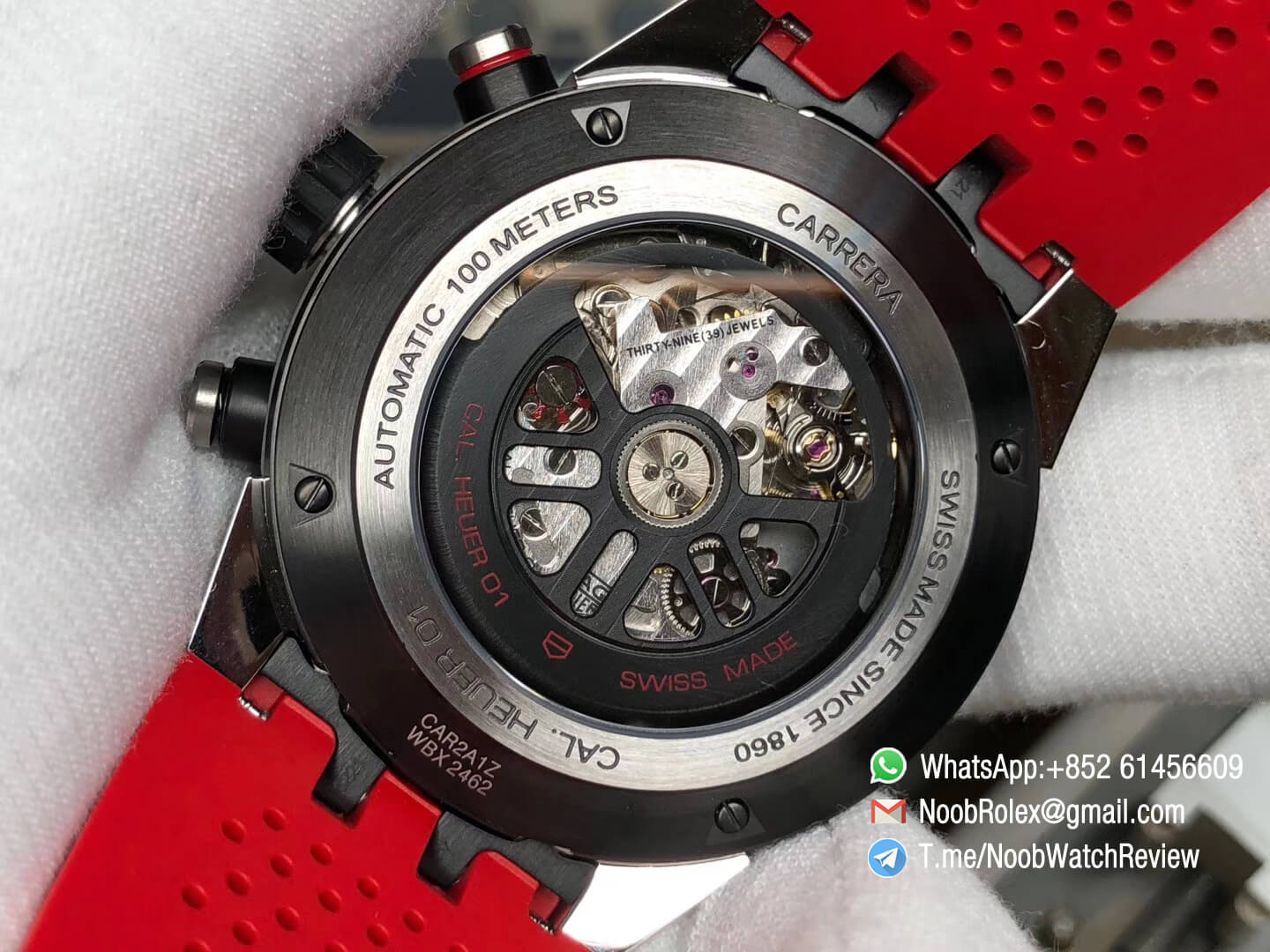 XF Top Rep Tag Heuer Carrera CAL Heuer 01 Chrono PVD Case Skeleton Dial Red Hand Red Rubber Strap Asain Clone 1887 Movement 07