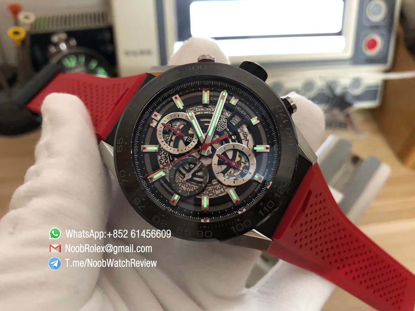 XF Top Rep Tag Heuer Carrera CAL Heuer 01 Chrono PVD Case Skeleton Dial Red Hand Red Rubber Strap Asain Clone 1887 Movement 09