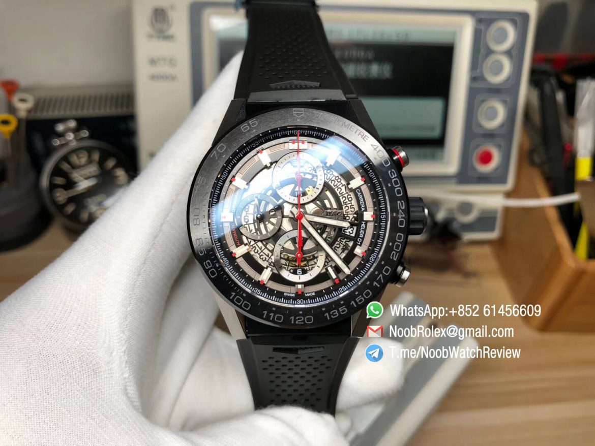 XF Top Replica Tag Heuer Carrera CAL Heuer 01 Chrono PVD Case Skeleton Dial Red Hand Rubber Strap Asain Clone 1887 Movement 01