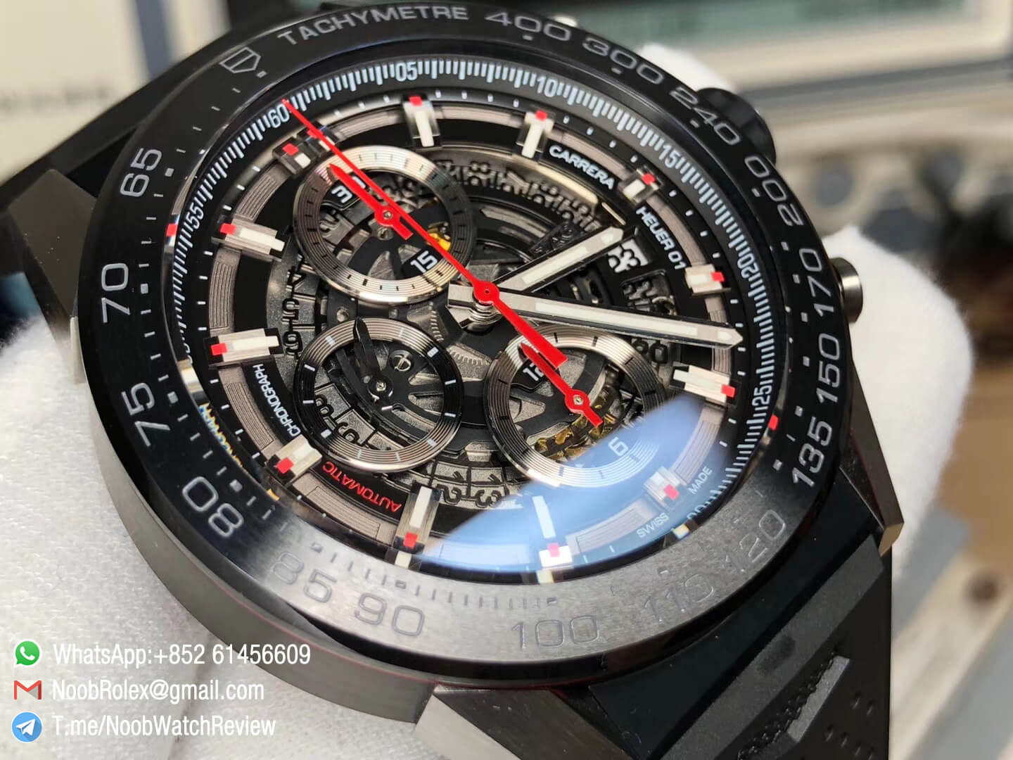XF Top Replica Tag Heuer Carrera CAL Heuer 01 Chrono PVD Case Skeleton Dial Red Hand Rubber Strap Asain Clone 1887 Movement 03