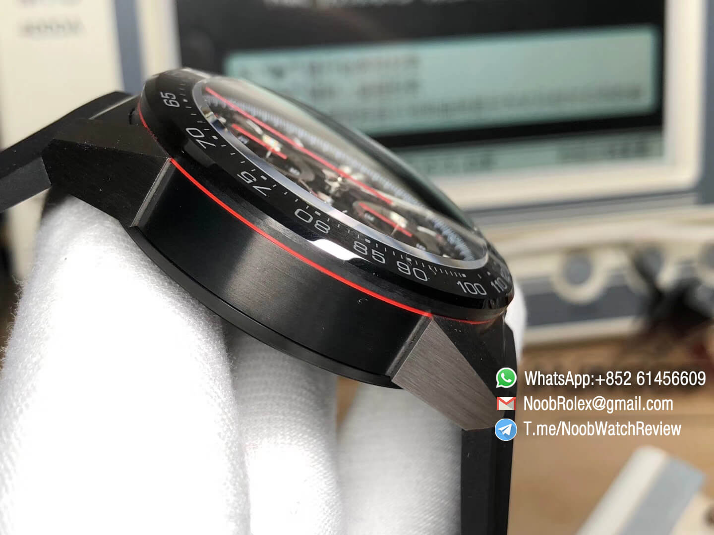 XF Top Replica Tag Heuer Carrera CAL Heuer 01 Chrono PVD Case Skeleton Dial Red Hand Rubber Strap Asain Clone 1887 Movement 04