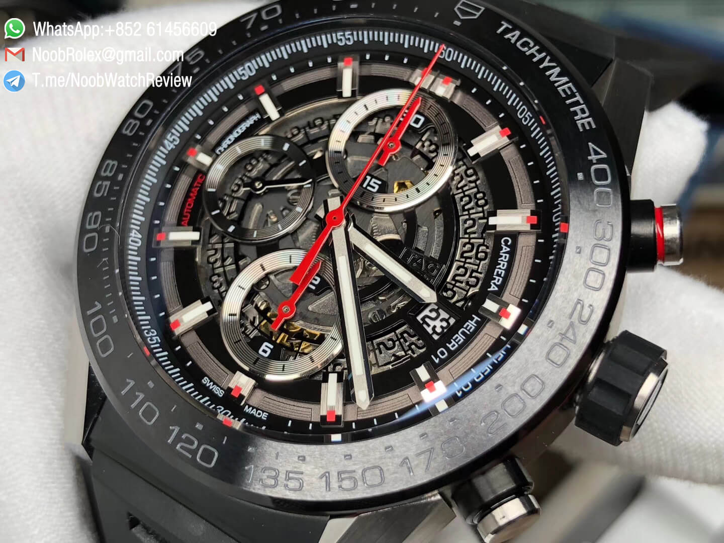XF Top Replica Tag Heuer Carrera CAL Heuer 01 Chrono PVD Case Skeleton Dial Red Hand Rubber Strap Asain Clone 1887 Movement 05