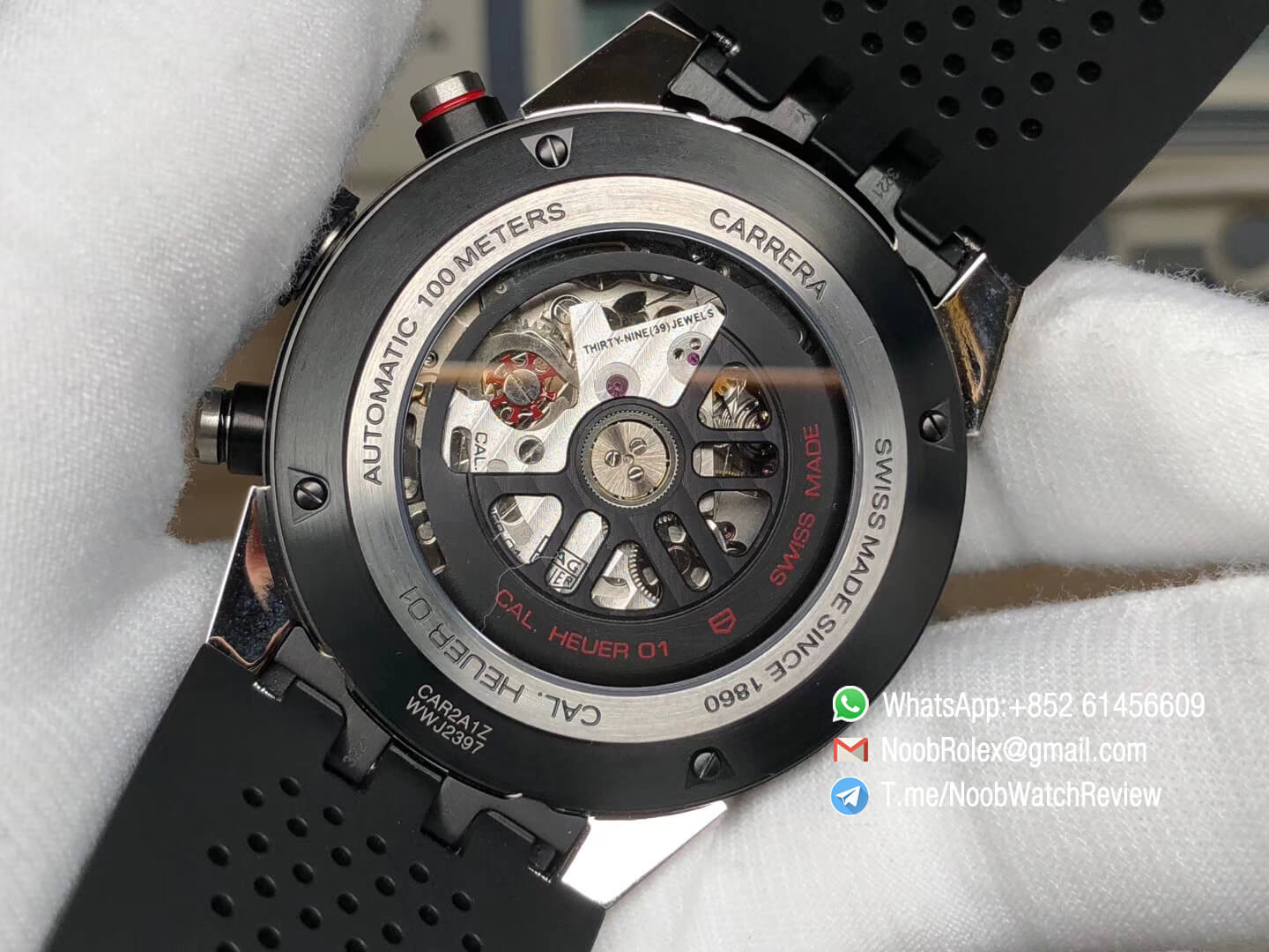 XF Top Replica Tag Heuer Carrera CAL Heuer 01 Chrono PVD Case Skeleton Dial Red Hand Rubber Strap Asain Clone 1887 Movement 07